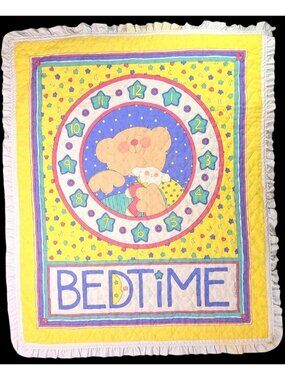 Vintage Sue Dreamer Bedtime Teddy Bear Clock Baby Nursery Quilt 37" x 45" Yellow
